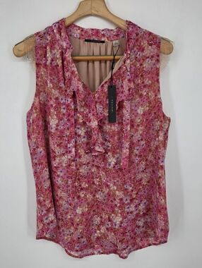 T Tahari Floral Sleeveless Blouse V-neck Size L